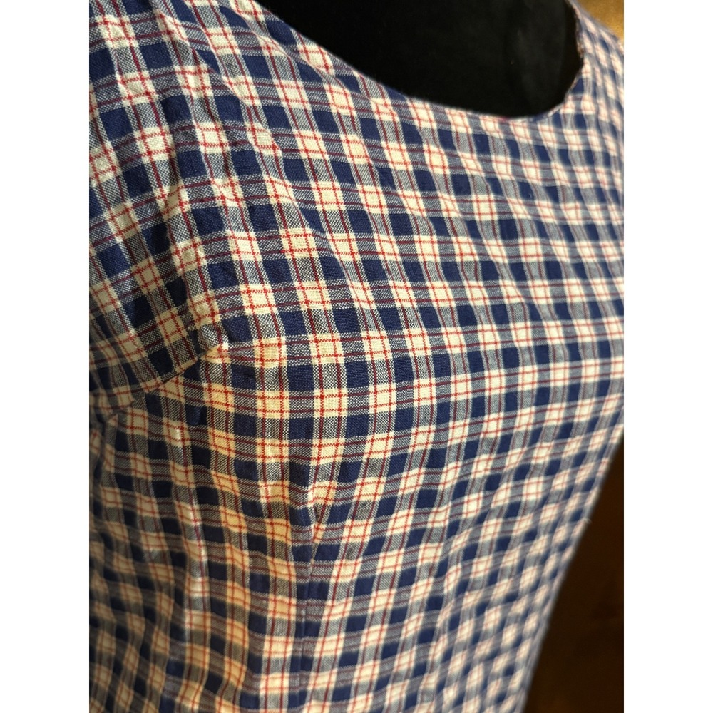 Handmade Plaid Sleeveless Shift Dress Medium Navy Blue Red White - Picture 5 of 8